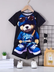 2-teiliges Cartoon Bear Print Herren Kurzarm T-Shirt & Kordel zug Shorts Set Sommer Casual Top Outdoor Sport Herren Strand hose