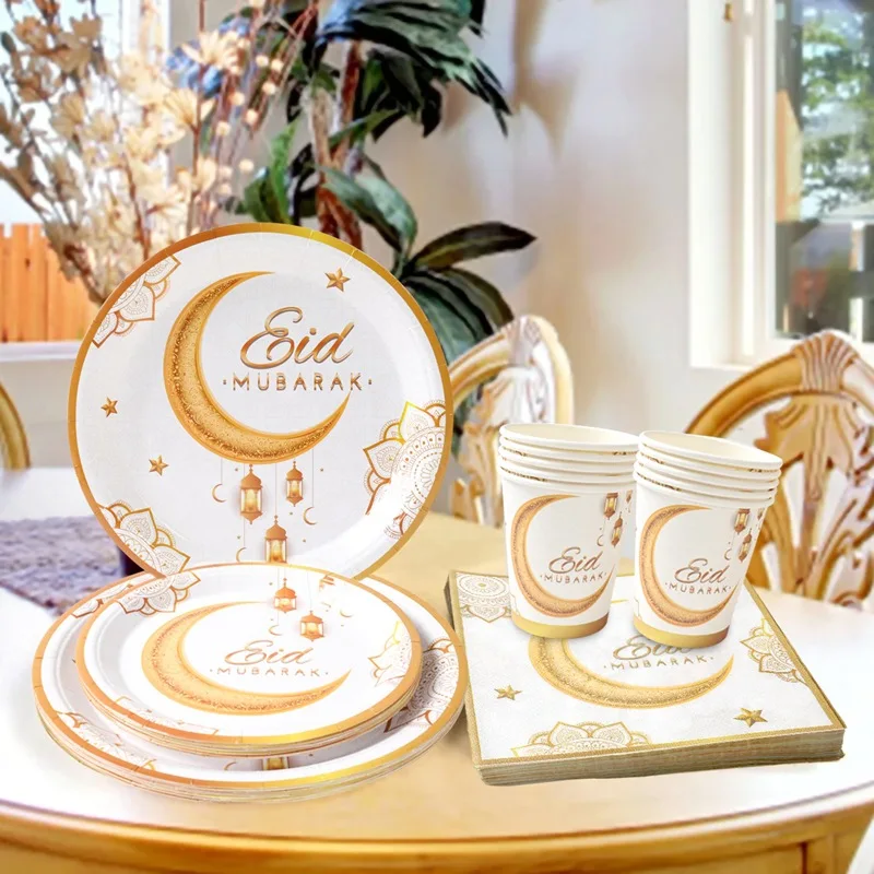 

Ramadan Festival Platinum Mubarak disposable tableware Moon Festival theme party tableware Disposable paper cups paper towels