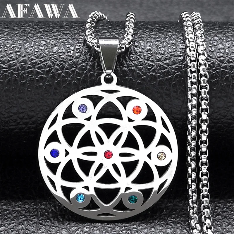 

Sacred Geometry Seed of Life 7 Chakra Necklace for Women Men Stainless Steel Aesthetic Flower Chain Jewelry collier N9726S02