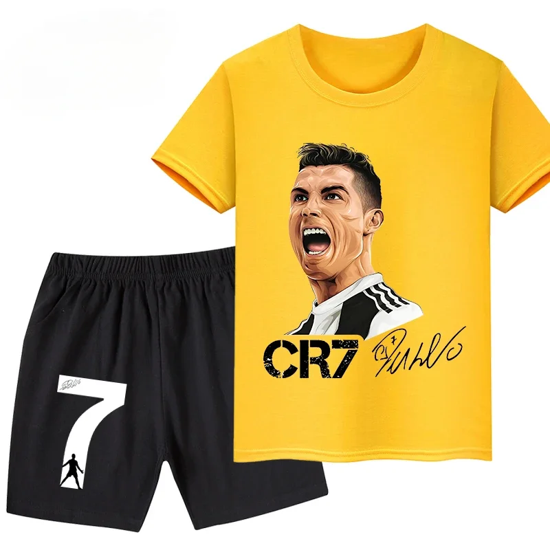 2024 Ronaldo Football Player CR7 stampato abbigliamento per bambini t-shirt Casual + pantaloncini 2 pezzi set Summer Kids Boys Fashion Sportsuits