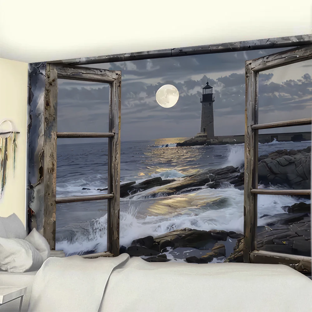 Coastal Lighthouse Beach Scene Wall Art Tapestry  Ocean Waves Scenery Window Tapestry Indoor Seaside view Home Room Decor