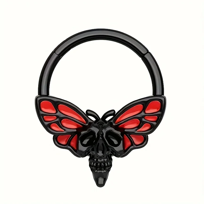 A black nose ring, Halloween jewelry, skull moth, Daisy perforated, red spiral earrings, butterfly wings, conch ear screens, fem