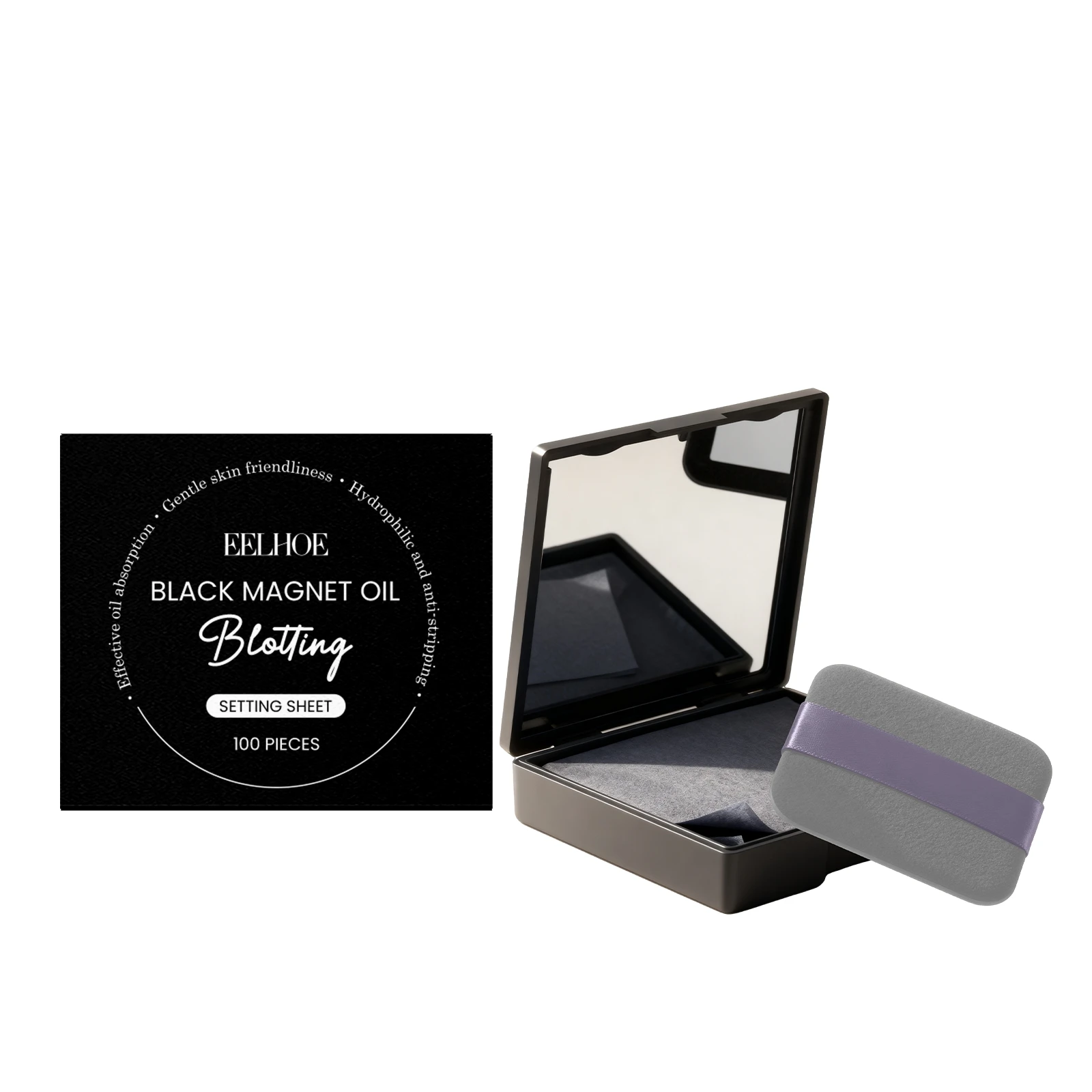EELHOE Facial Oil Blotting Paper With Mirror Powder Puff Protable Oil Control Refreshing Oil Absorbing Sheets Face Cleaning Tool