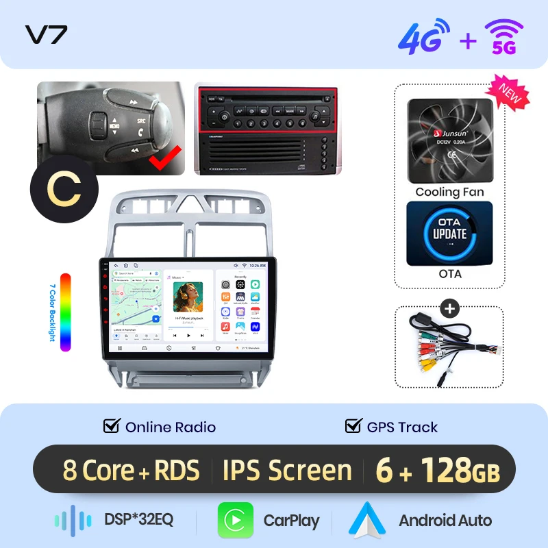 Junsun draadloze CarPlay Android Auto autoradio voor Peugeot 307 (Hatchback/SW/CC) 2001-2008 met ingebouwde koelventilator, Android GPS navigatie, multimediaspeler, WiFi, DSP, RDS, BT, SWC, IPS