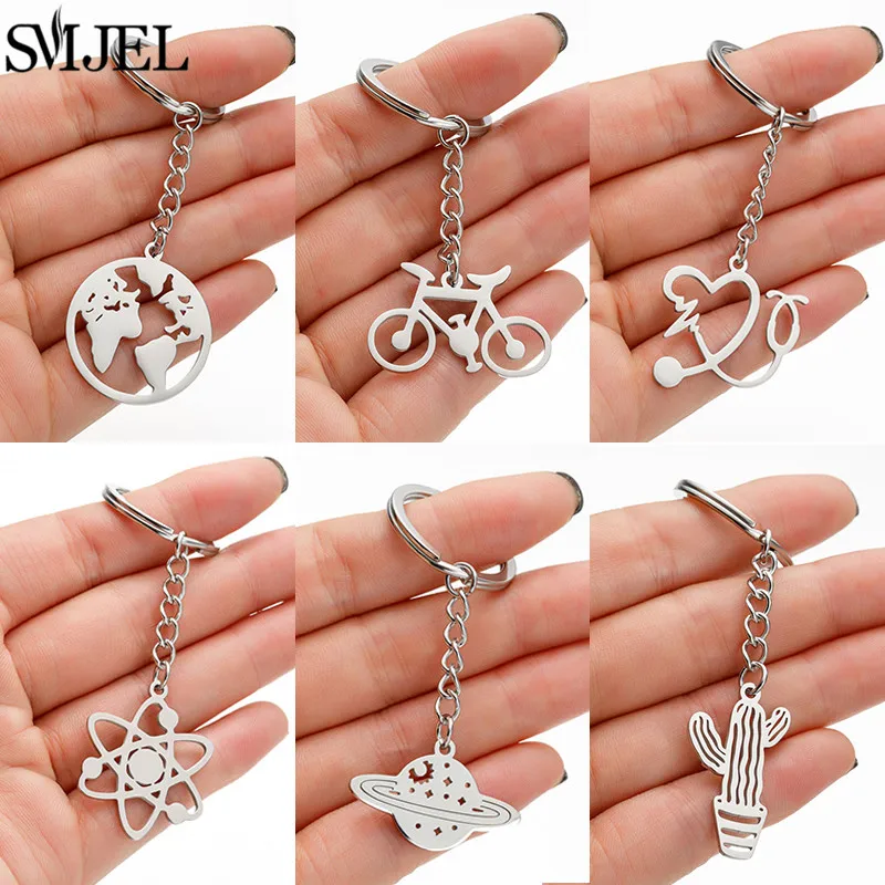 Geometric Pendant Keychains Punk World Map Universe Cactus Bicycle Charms Stainless Steel Key Chain Ring Boys Birthday Gift