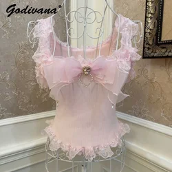 Sweetheart Girl Bow Love Rhinestone Fungus Lace Slim Fit Short Top New Fashion Summer Women's Lolita Lace Camisole