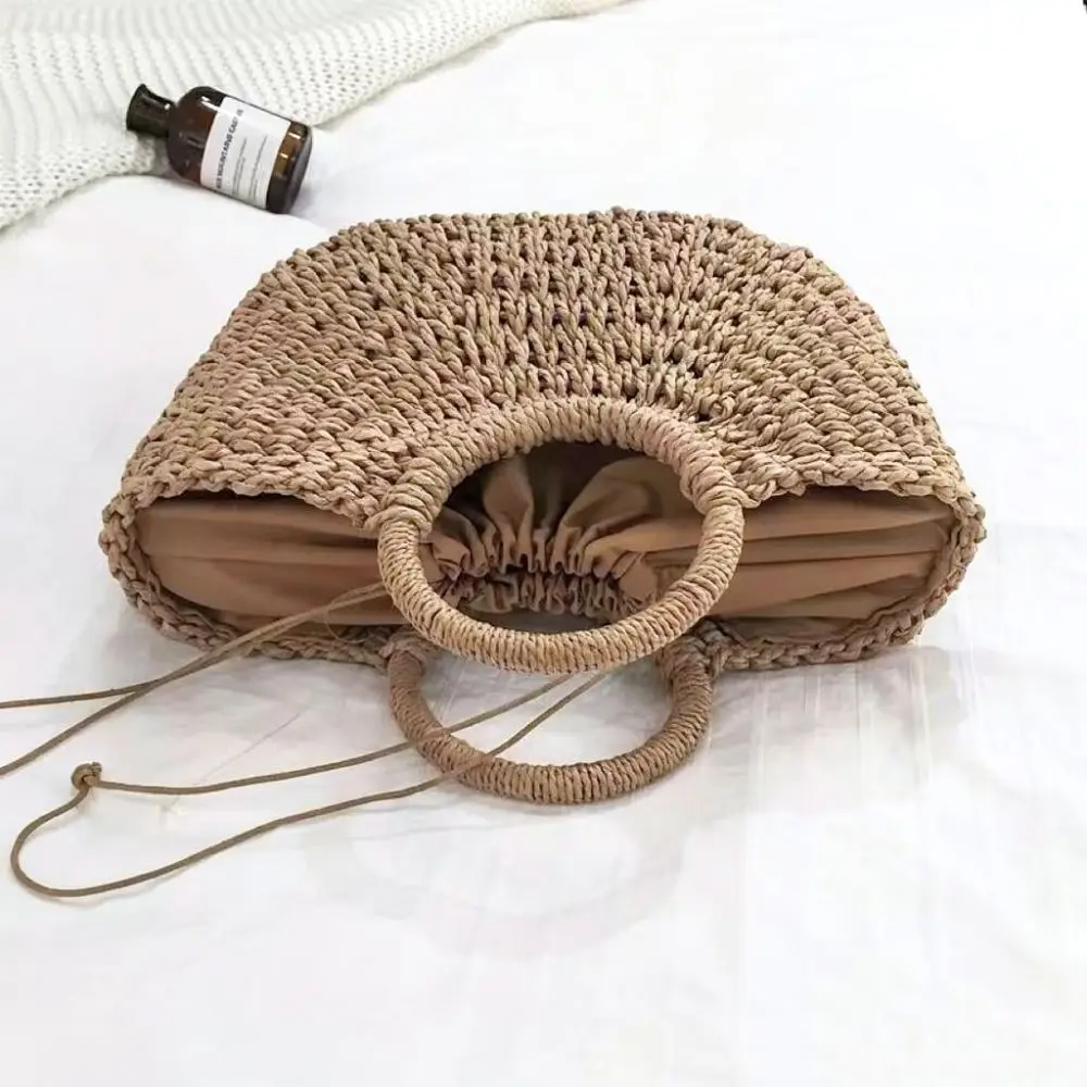 Handmade Woven Straw Bag Women Half Round Summer Beach Handbag Retro Paper Rope Tote Casual Crossbody Purses Fashion Accessory