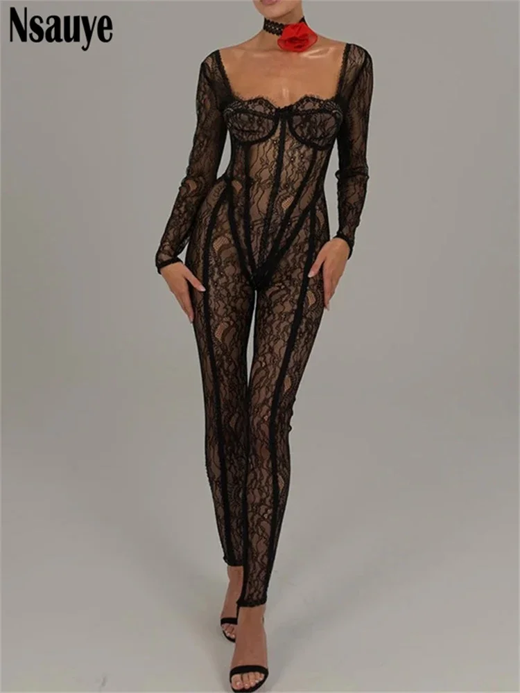 Nsauye Lace Sexy See Through Women Jumpsuits Long Sleeve High Waist One Piece Winter Fashion Party Rompers Overalls Tops 2023