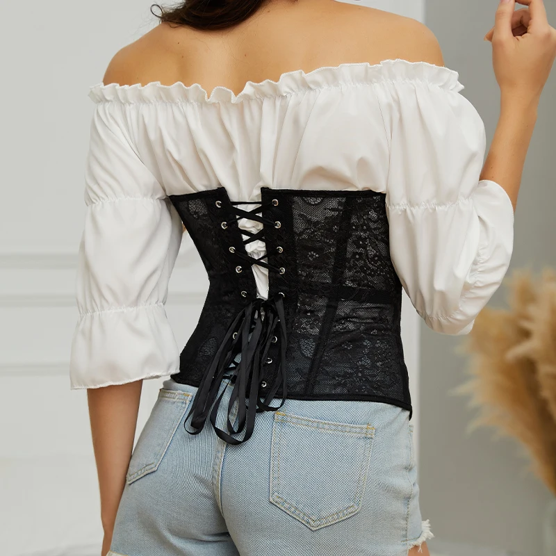 Gothic Lace Corset Belt Waist Corset Top Women Mesh Open Cup Lace Up Boned Bustier Underbust Corset Steampunk Waist Cincher