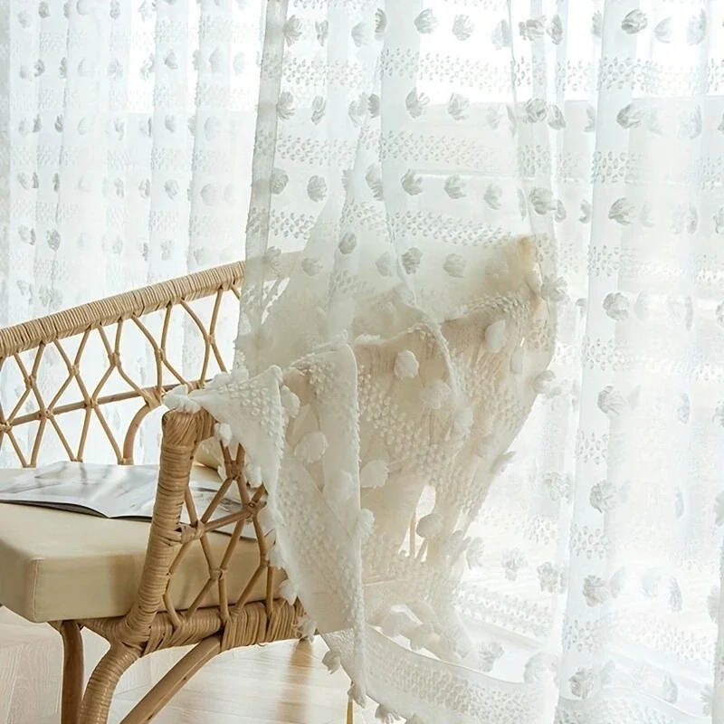 1pc White Stripe Tulle 3D Pompom Embroidery Sheer Curtain for Living Room Breathable Vintage Voile Light Filtering Window Drapes
