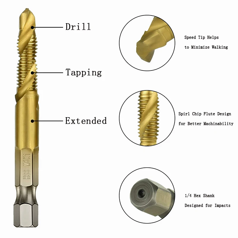 6Pcs Tap Titanium Coated Drill and Tap Set Metric Thread HSS M3-M10 Screw Tapping bit Tool 1/4 Hex Shank Hand Tools