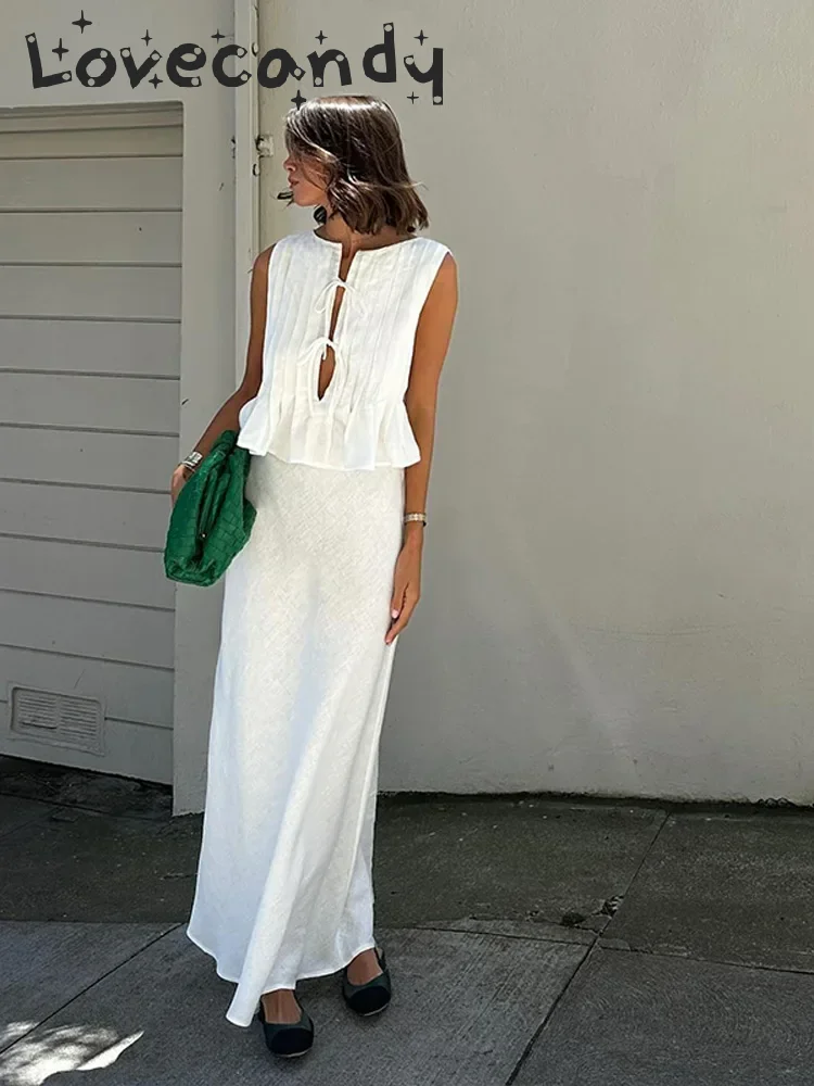 

Elegant White Pleated Bow Lace Up Sleeveless Top Set Women Casual High Waist Long Skirts Suits Summer Lady Street Office Outfits