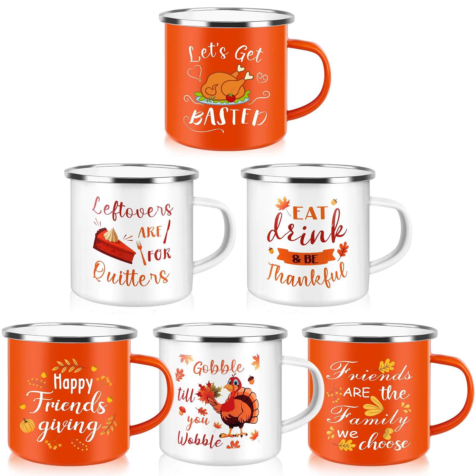 6 Pcs Happy Friendsgiving Coffee Mugs 12oz Fall Enamel Mug White Orange Thankful Blessed Camping Cup With Wide Handle For Thanks