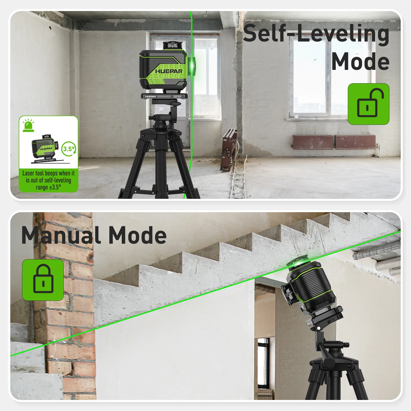 Huepar 4D 16 Lines Laser Level Z04CG Self-Leveling Cross Lines Green Laser Level Tool Set With Remote/Tripod/Detector&2 Battery