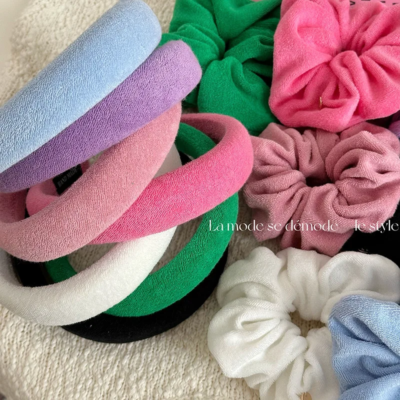 

New Headwear Padded Headband Scrunchies Solid Color Furry Wide Cross Puffy Hairbands Soft Fur Hair Rope Women Hair Accessories