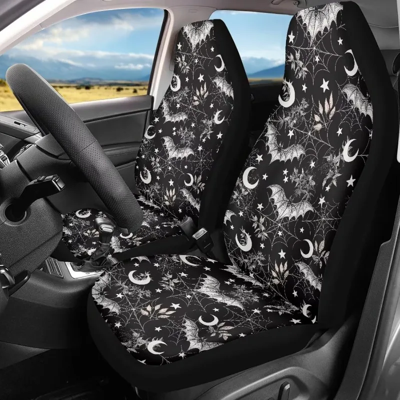 2 Pack Car Seat Covers Front Seats Only Cloth Bat Moon Star Print Automotive Vehicle Seat Cover Universal Fit For Men