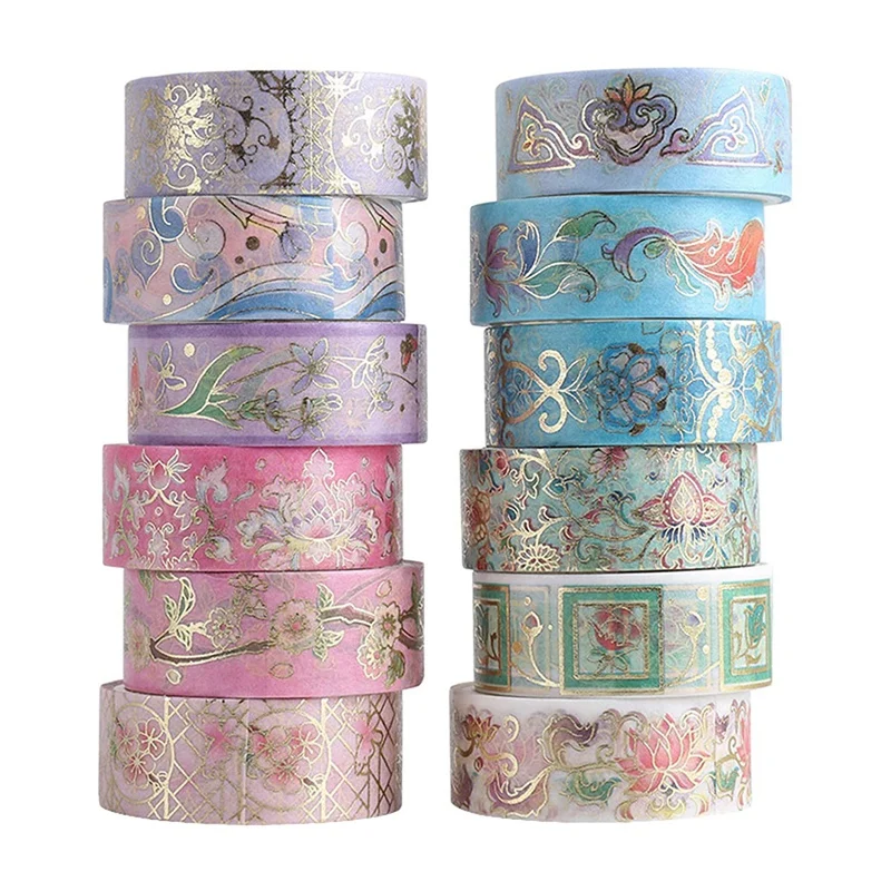 Set di nastri Washi con fiori in lamina d'oro, carta con nastro Washi floreale per diario, arti e artigianato fai-da-te