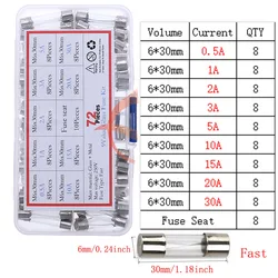 72pcs 6x30mm Fuse Assorted Kit Fast-Blow Glass Fuses 0.5A 1A 2A 3A 5A 10A 15A 20A 30A AMP Quick Blow Car Glass Tube Fuses Set