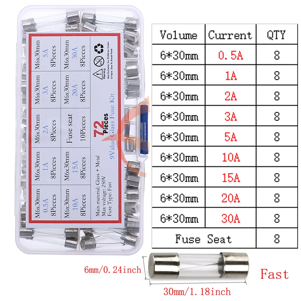 72pcs 6x30mm Fuse Assorted Kit Fast-Blow Glass Fuses 0.5A 1A 2A 3A 5A 10A 15A 20A 30A AMP Quick Blow Car Glass Tube Fuses Set