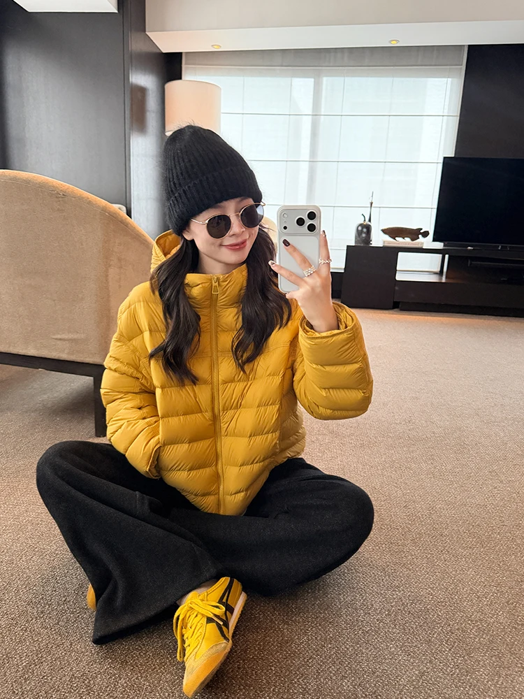 

Женская легкая зимняя куртка-пуховик JinSu Yellow Du Down Jaet в корейском стиле с капюшоном, наполненная 90% белым утиным пухом