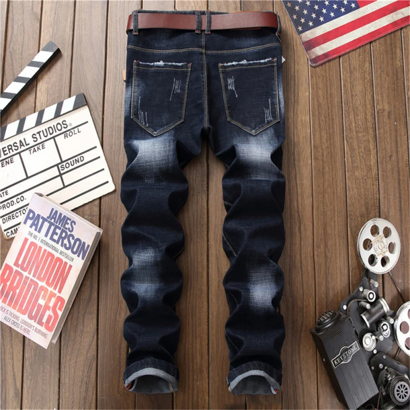 New blue slim fit MEN'S jeans fashionable straight cut hole patch worn out casual versatile washed comfortable denim pants