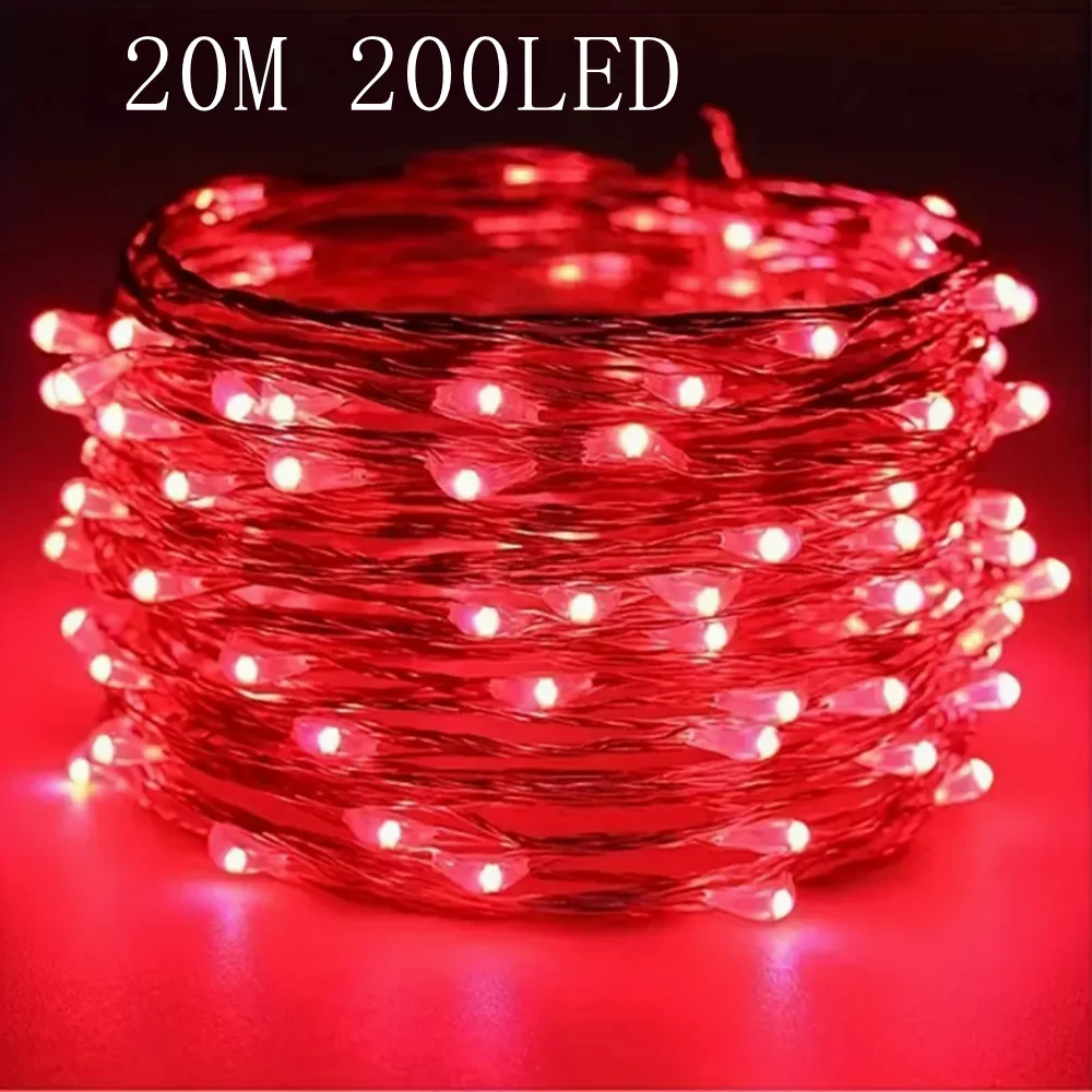 20m 200LED Fairy Light AA Battery Powered, Red Copper Wire Light, Suitable for Bedroom, Christmas, Party Decoration