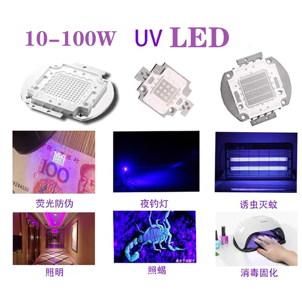 UV LEDチップ,3w,5w,10w,20w,30w,50w,100w,ハイパワー,パープル,365nm,385nm,395nm,400nm,405nm,410nm