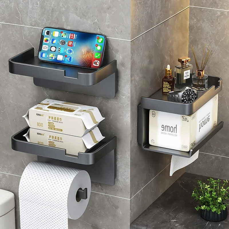 Grey Toilet Paper Holder Plastic Storage Rack Kitchen Towel Seasoning Bottles Bathroom Wall Roll Of Paper Phone Storage Shelfs