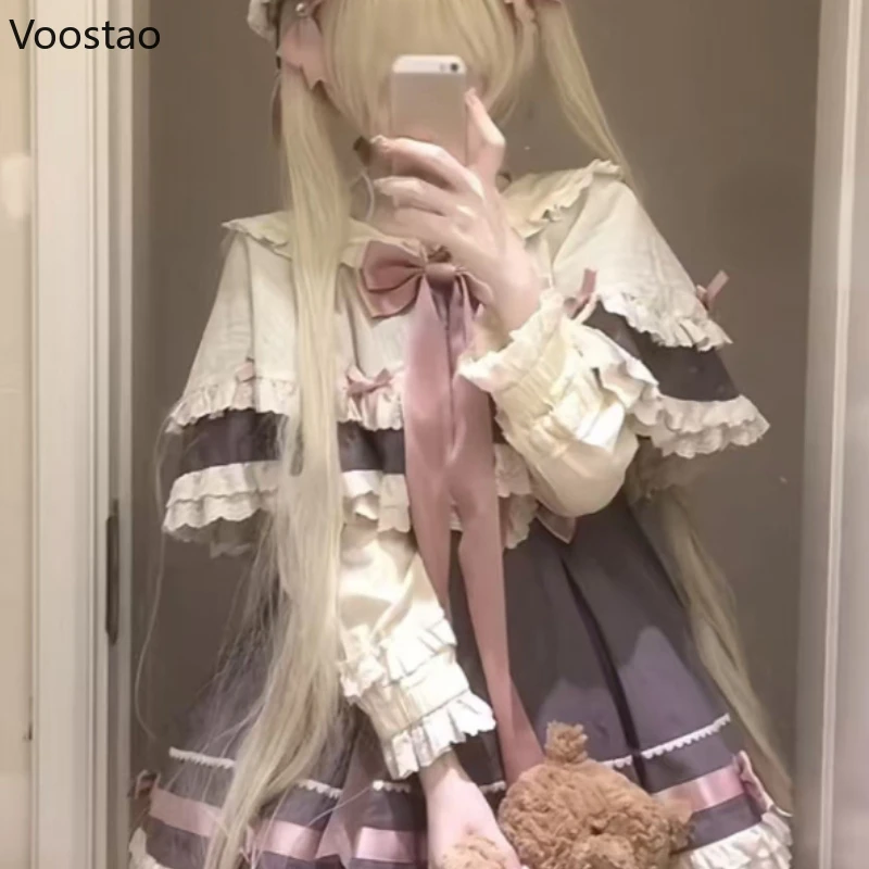 Sweet Lolita Dress 2 Pieces Set Women Ruffle Patchwork Y2k Aesthetic Cropped Cape Top Kawaii Cake Bow Dress JK Outfits Cute Suit