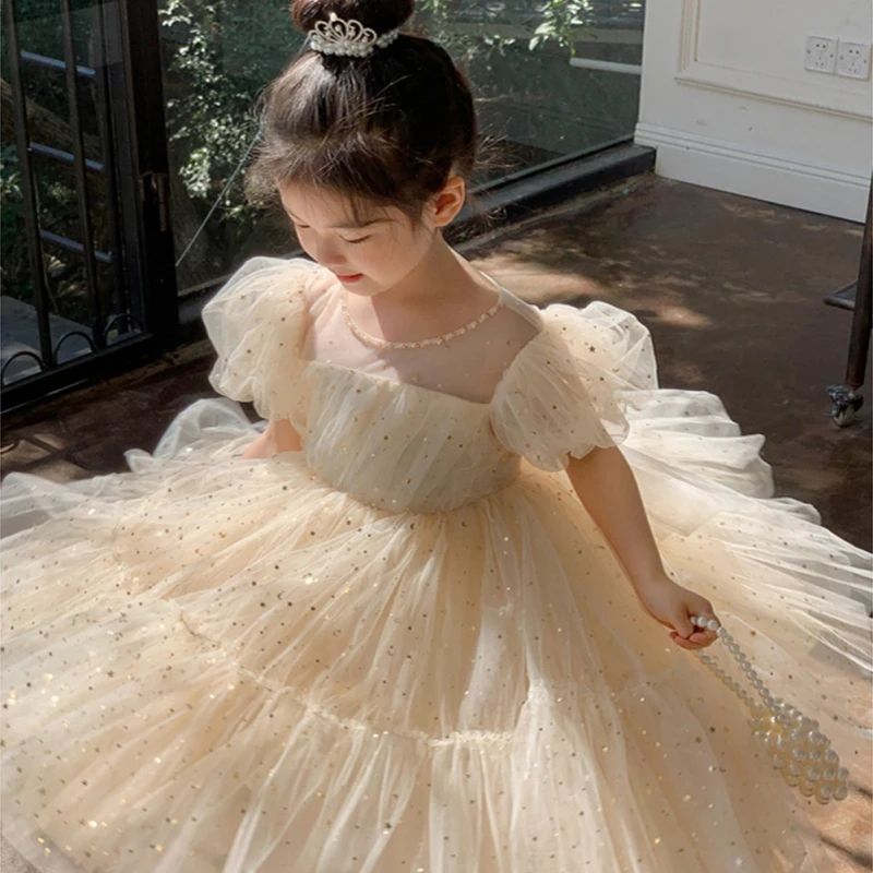 Girl's Princess Dress Sweet Puff Sleeve Sequin Decor Tulle Dress Baby Kids Cotton Skin-Friendly Long Dress 1st Birthday Clothes