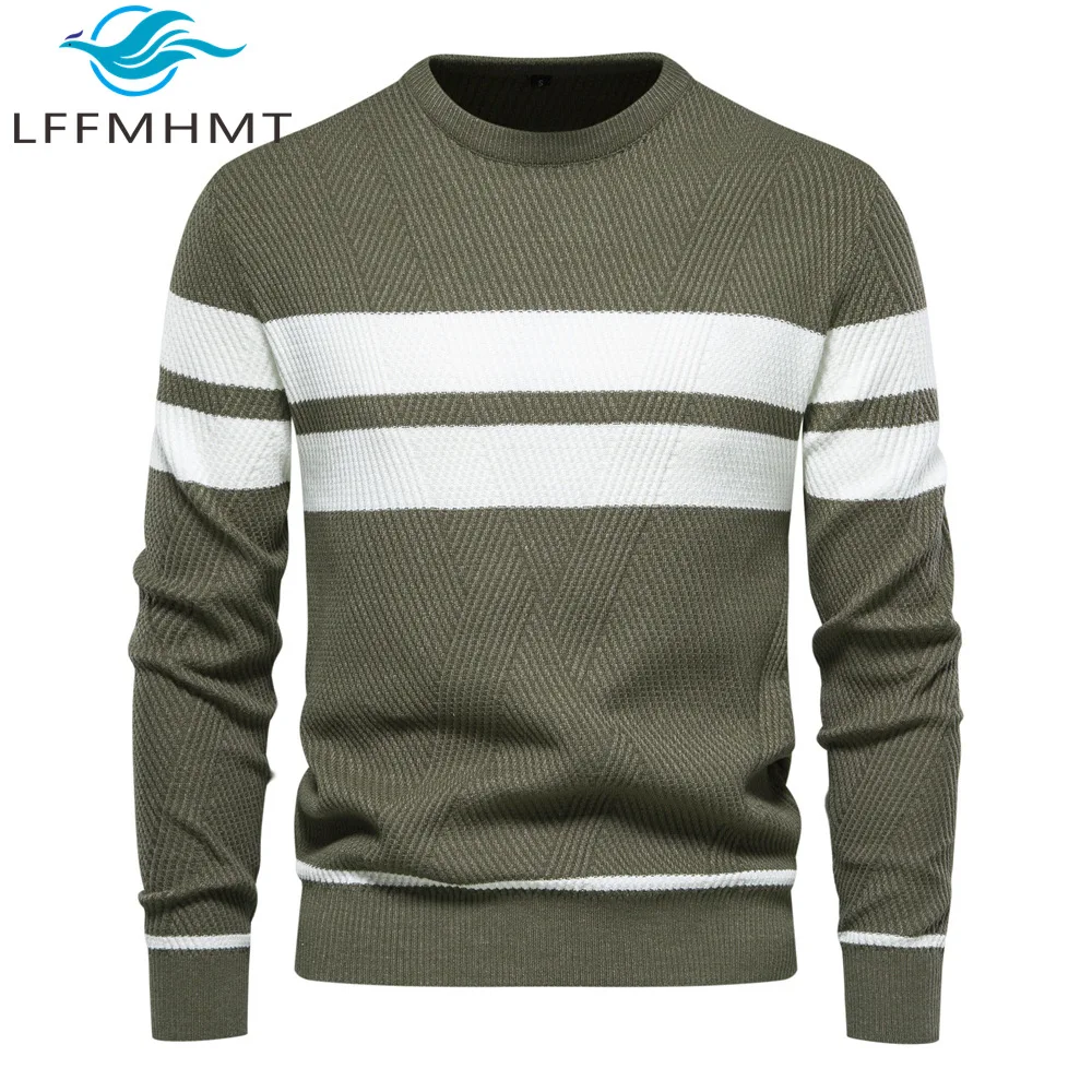 

Высококачественный простой классический мужской осенне-зимний пуловер, свитер в полоску контрастного цвета с круглым вырезом, вязаная повседневная одежда, мужской топ