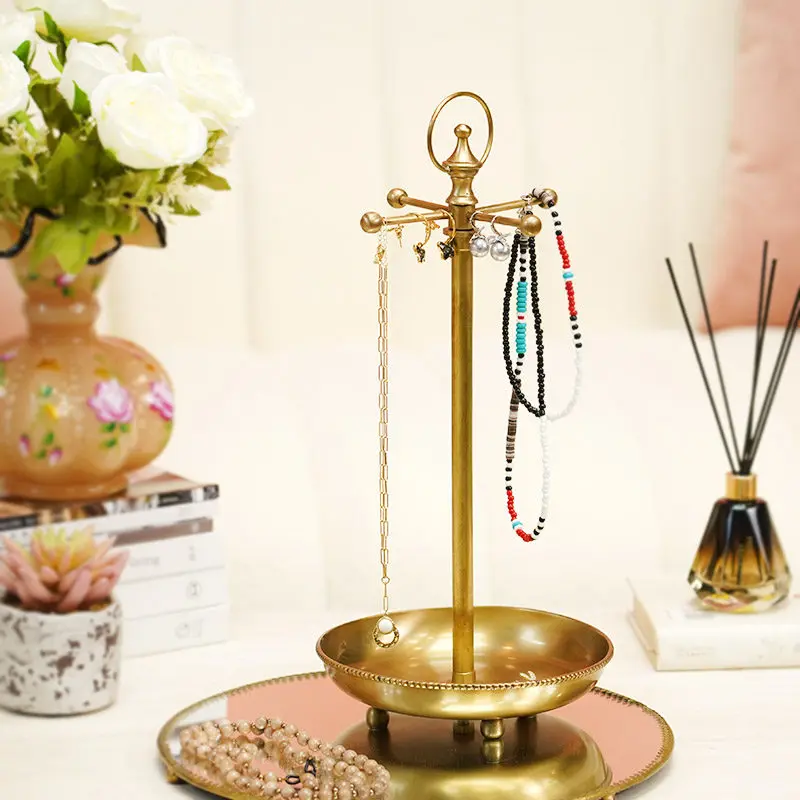 Brass Round Tray Key Holder Hook Jewelry Organizer Dish Vintage Indian Style Catchall Tray for Entryway Living Room Home Decor