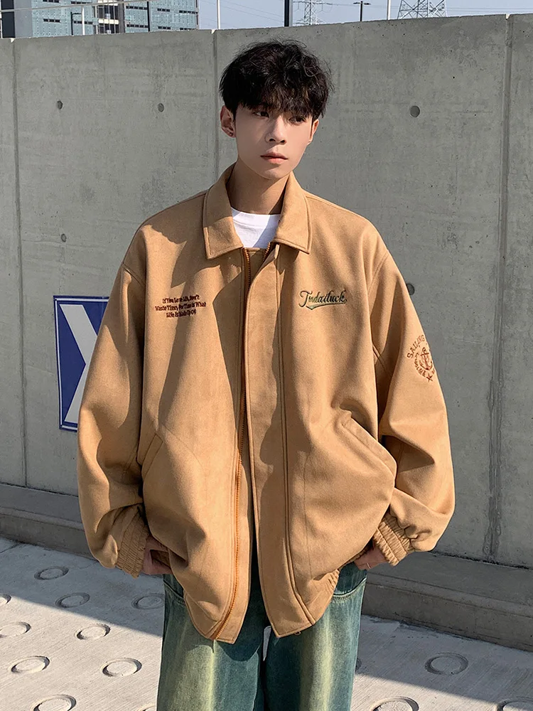 

Spring 2024 Men's Suede Embroidered Jaet Loose Fit Youthful Sle Casual Outerwear Windproof Zipper Closure Long Sve Coat