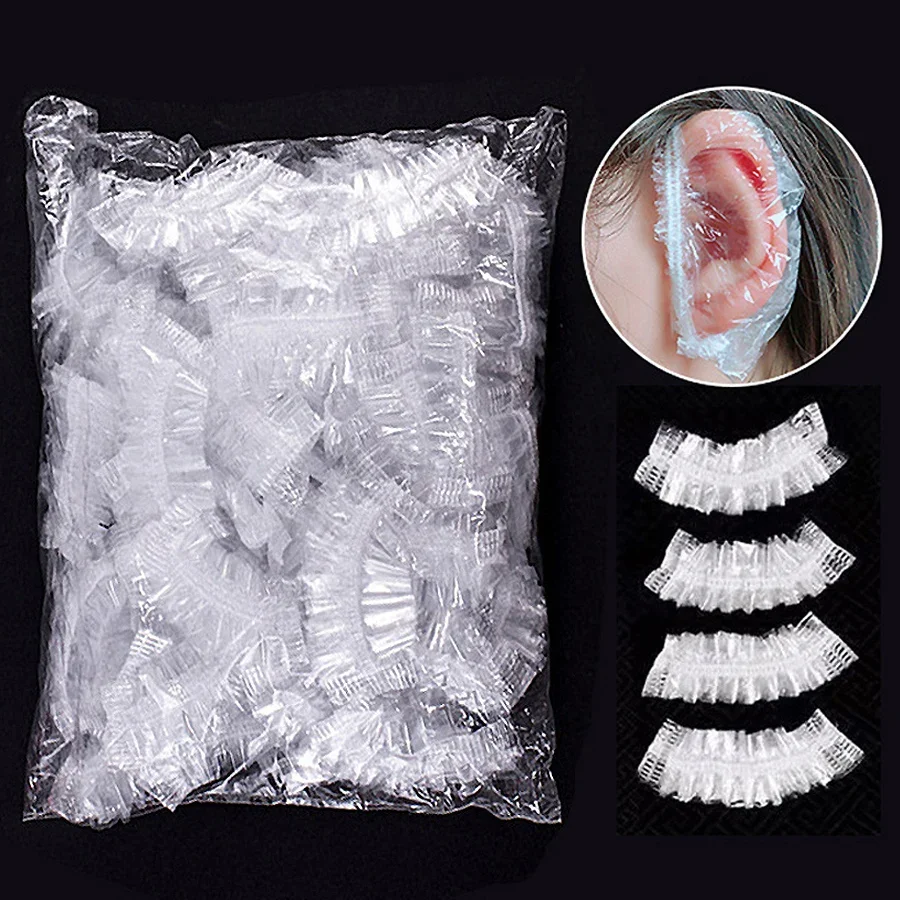 100Pcs Transparent Waterproof Ear Covers Disposable Bath Shower Hair Salon Coloring Protector Caps for Easy Ear Protection