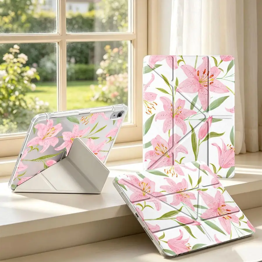 Soft Pink Lily Floral Tablet Case For Samsung Galaxy Tab A9 Plus S10 Lite A11 A8 S8 S9 Plus S7 FE With Pen Slot Cover