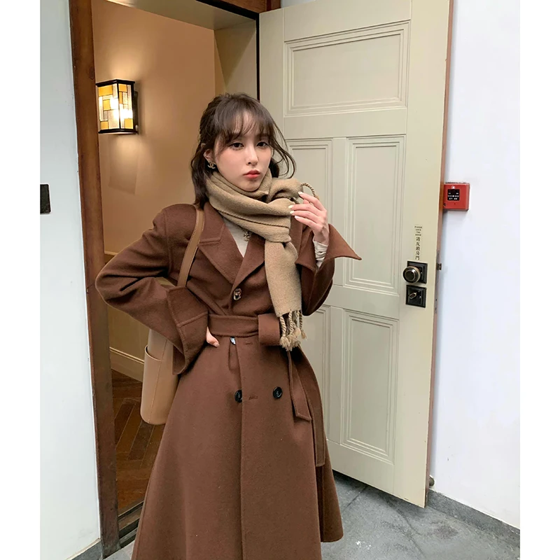 

Original Warm Season Women's Woolen Coat Waist-Cinching Sle Long Sve Korean Version YUM STAR Pure E-commerce S