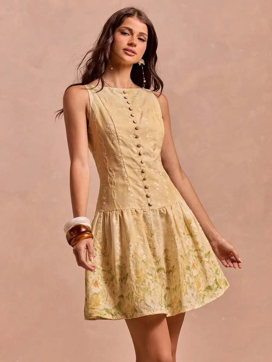 

Romantic Yellow Floral Sleeveless Short Dress French Style Elegant Party Graduation Vacation Outfit