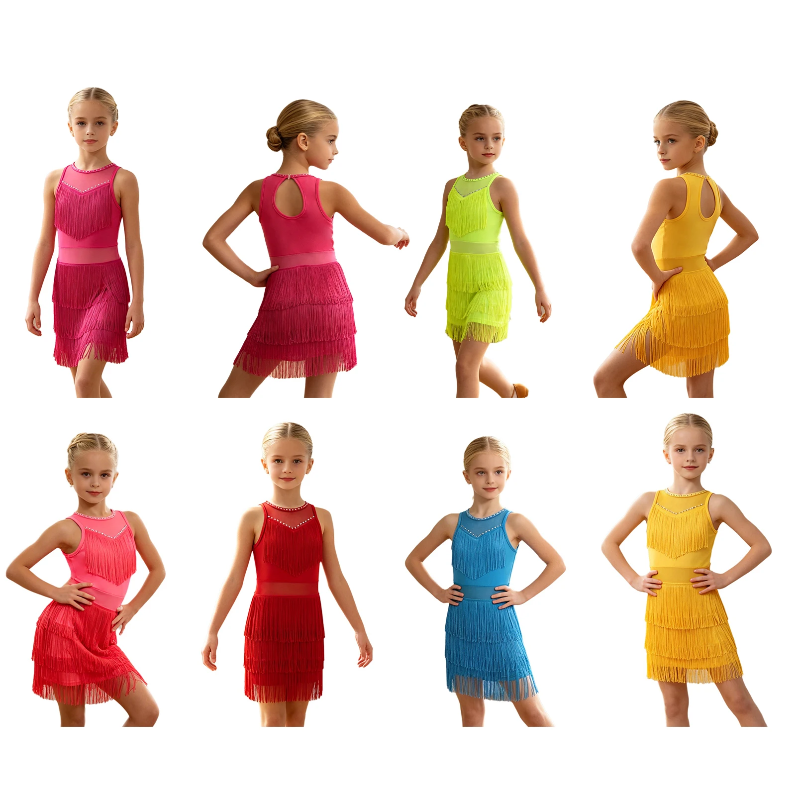 Kids Girls Tassel Latin Dance Leotards Dress Ballroom Dancewear Sleeveless Keyhole Back Mesh Patchwork Dress for Performance