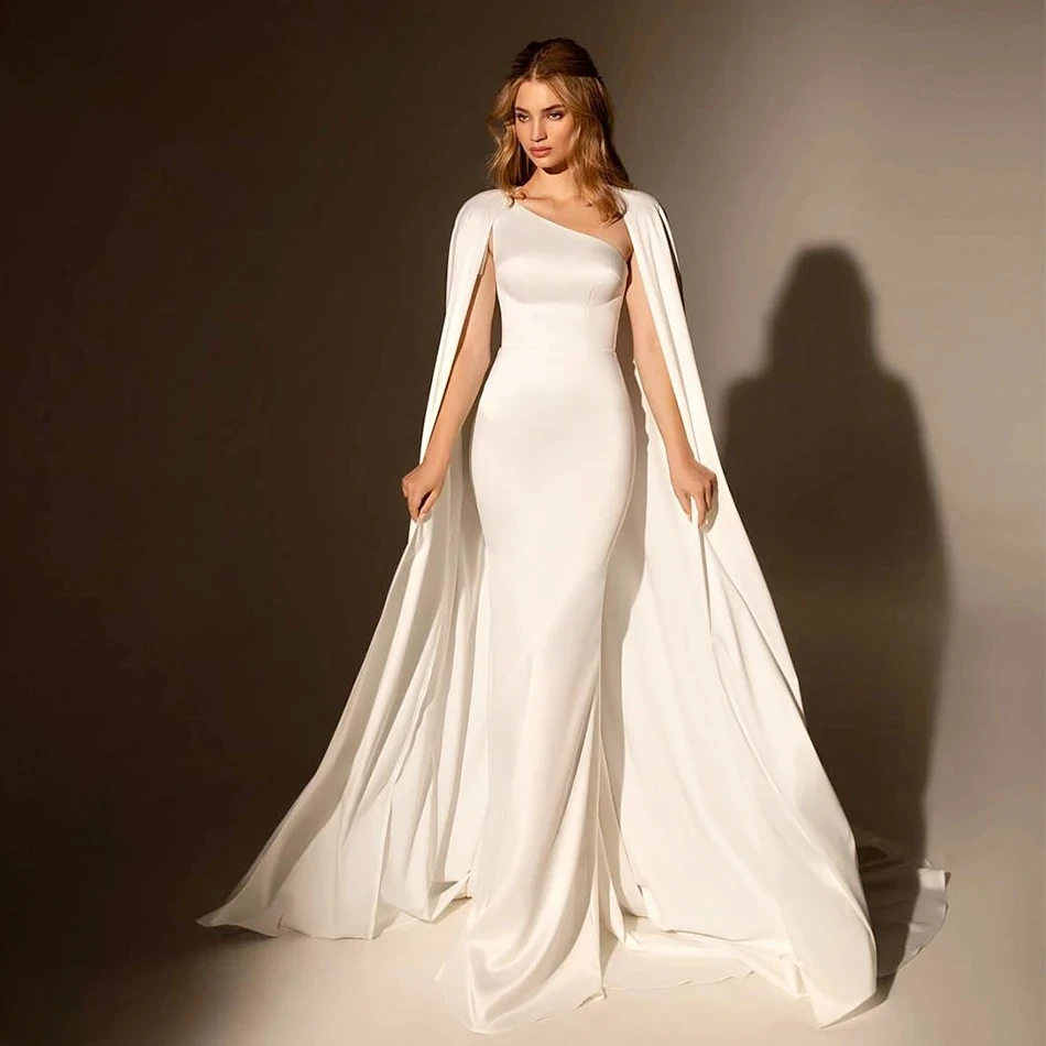 Customized  Elegant Classy Mermaid Wedding Dress Chic One Shoulder with Flowing Cape Smooth Satin Cathedral Train Bridal Gown