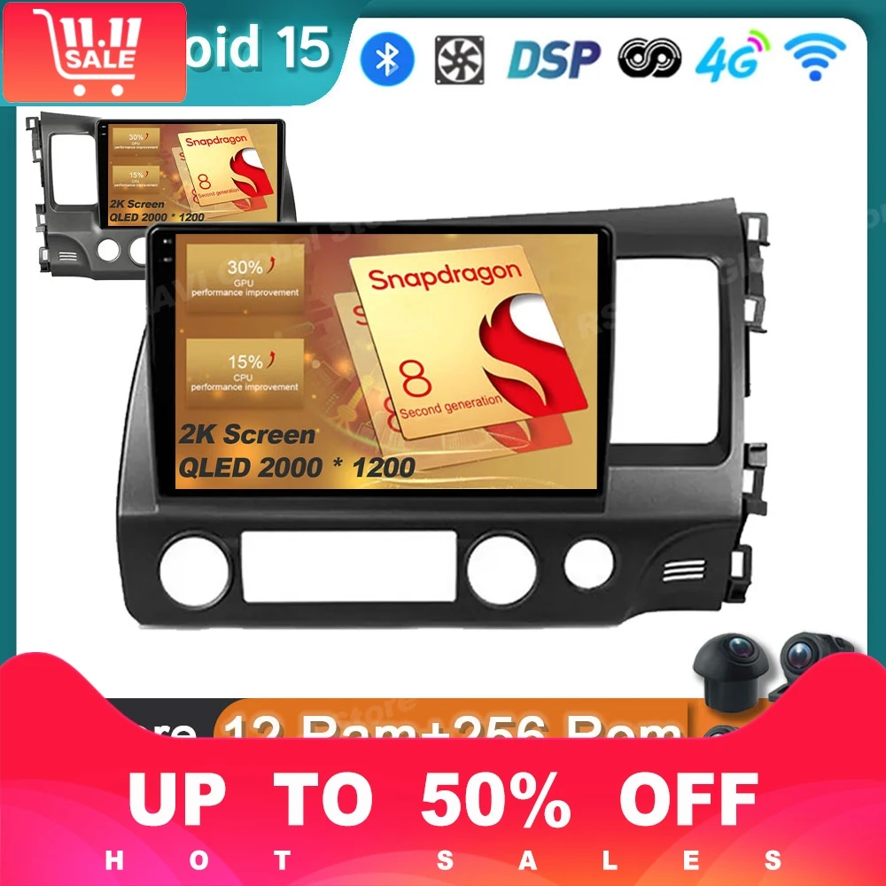 

Car Radio Android 15 For Honda Civic 8 FK FN FD 2005 - 2012 RHD Multimedia Player Navigation GPS Carplay Stereo BT Head Unit DSP