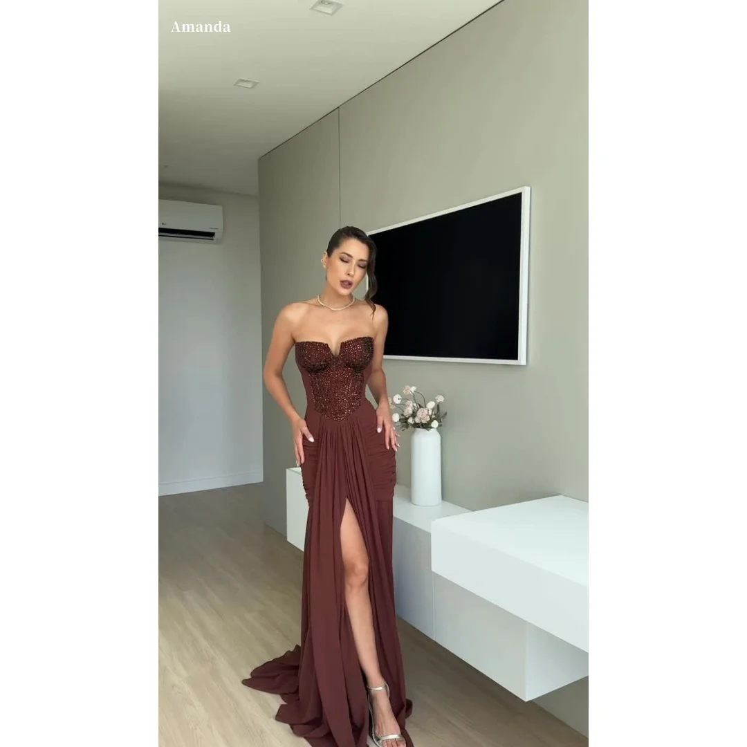 

Amanda Customized Burgundy Strapless Sweetheart Prom Dress Beaded Corset Ruched High Slit Mermaid Sweep Train Formal Evening