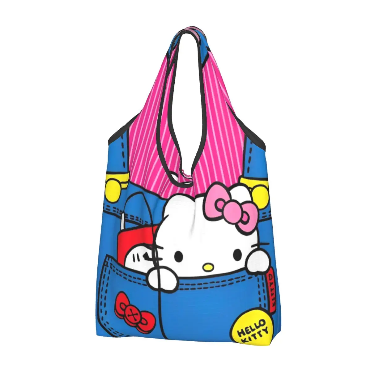 

Hello Kitty In Pocket Shopping Bags Foldable Grocery Tote Bags Large Capacity Recycling Bags Washable Handbag