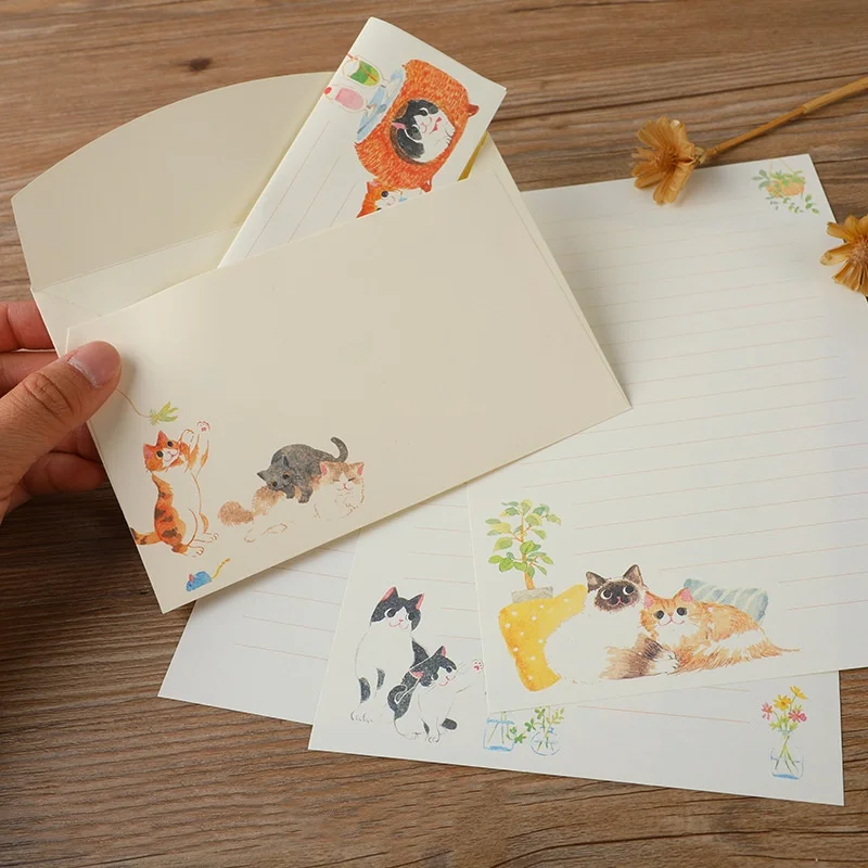 

3 Envelope 6 Letter Paper Set Creative Animal Cats A5 Floral Letterhead Set Beautiful Western Style Small Invitations Party