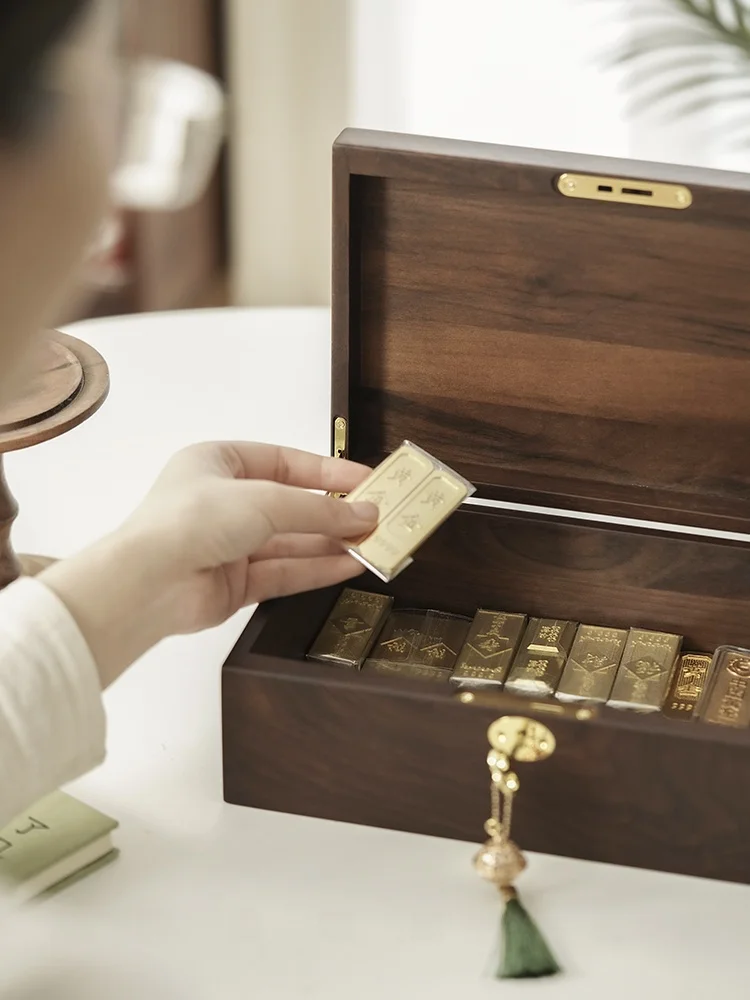 Portable Rectangle Wooden Storage Box for Gold Jewelry Necklaces Vintage Chinese Style Lockable Handmade Wooden Box