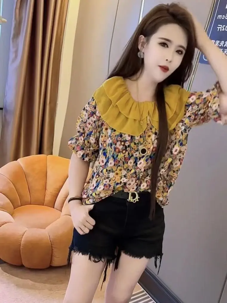 2024 Summer New Fashionable T-shirt High End Floral Short Sleeve Doll Neck Chiffon Sweater Loose Versatile Top