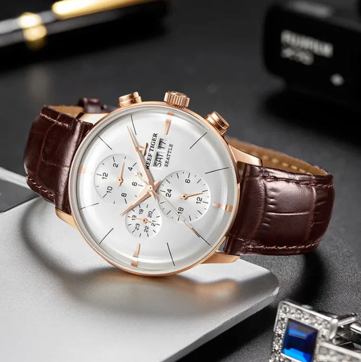 Męski zegarek automatyczny Reef Tiger 42MM, samonakręcający się, mechaniczny zegarek na rękę, wielo-funkcyjna tarcza, miesiąc, tydzień, data, szkło szafirowe typu bubble.