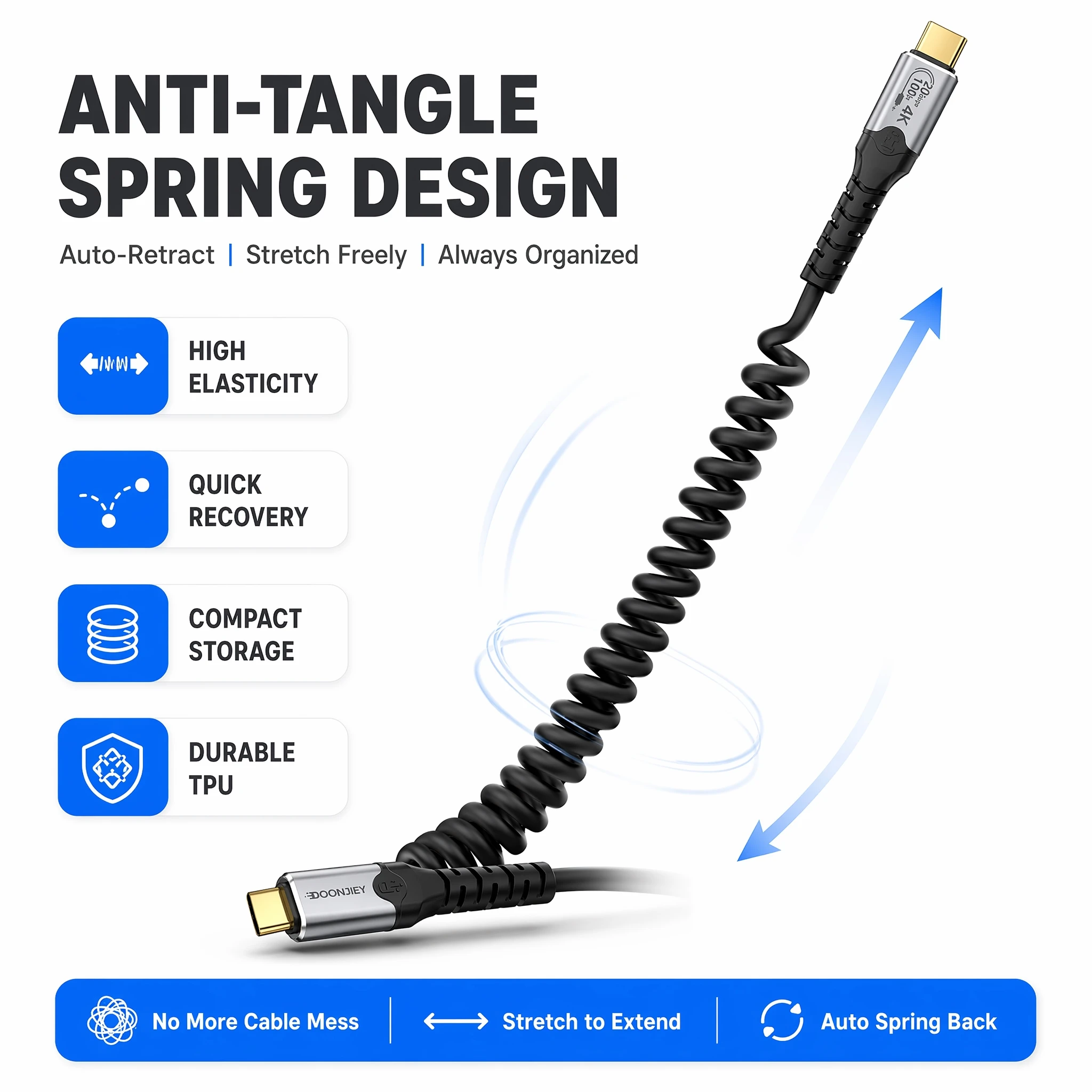 USB3.2 Type C To Type C Cable 100W PD Fast Charging 20Gbps Data Transfer 4K60Hz Video OTG Spring Retractable Elastic Cable