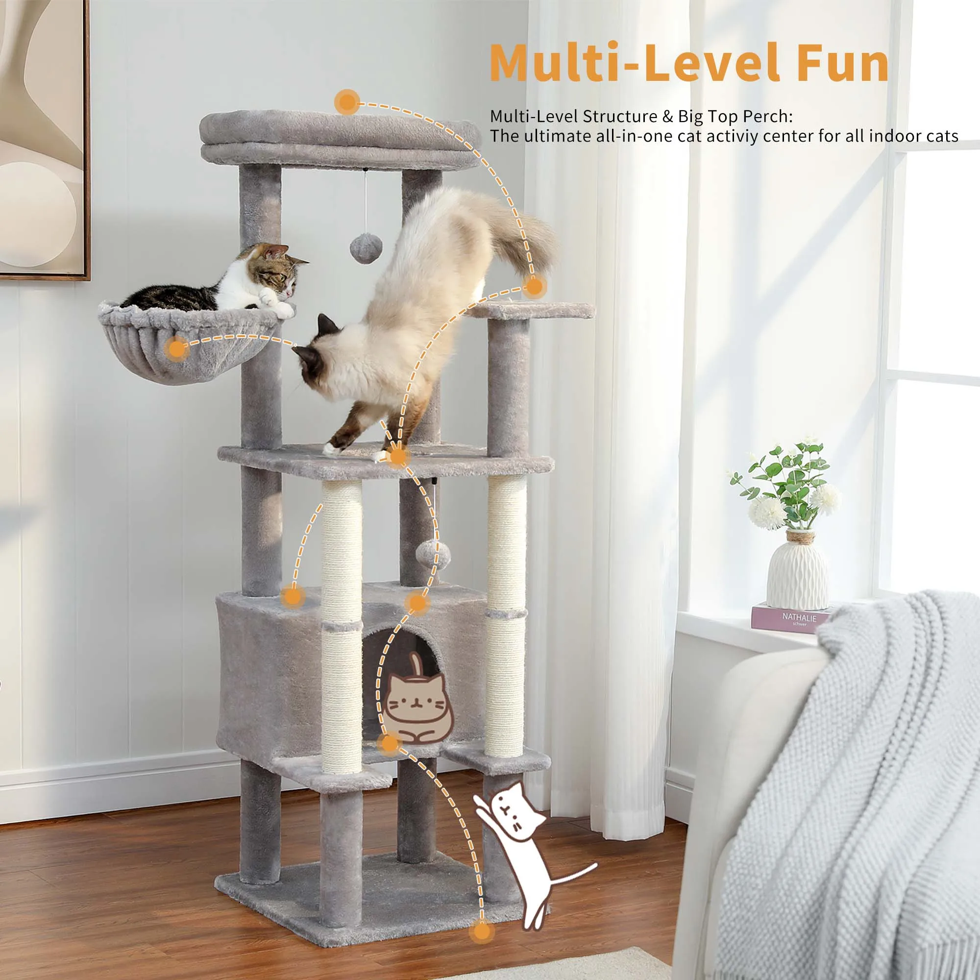 Tall Cat Tree Tower for Indoor Spacious Top Perch Anti-tip Kit Stable Sisal Scratching Post for Kitten Cozy Large Condo Grey