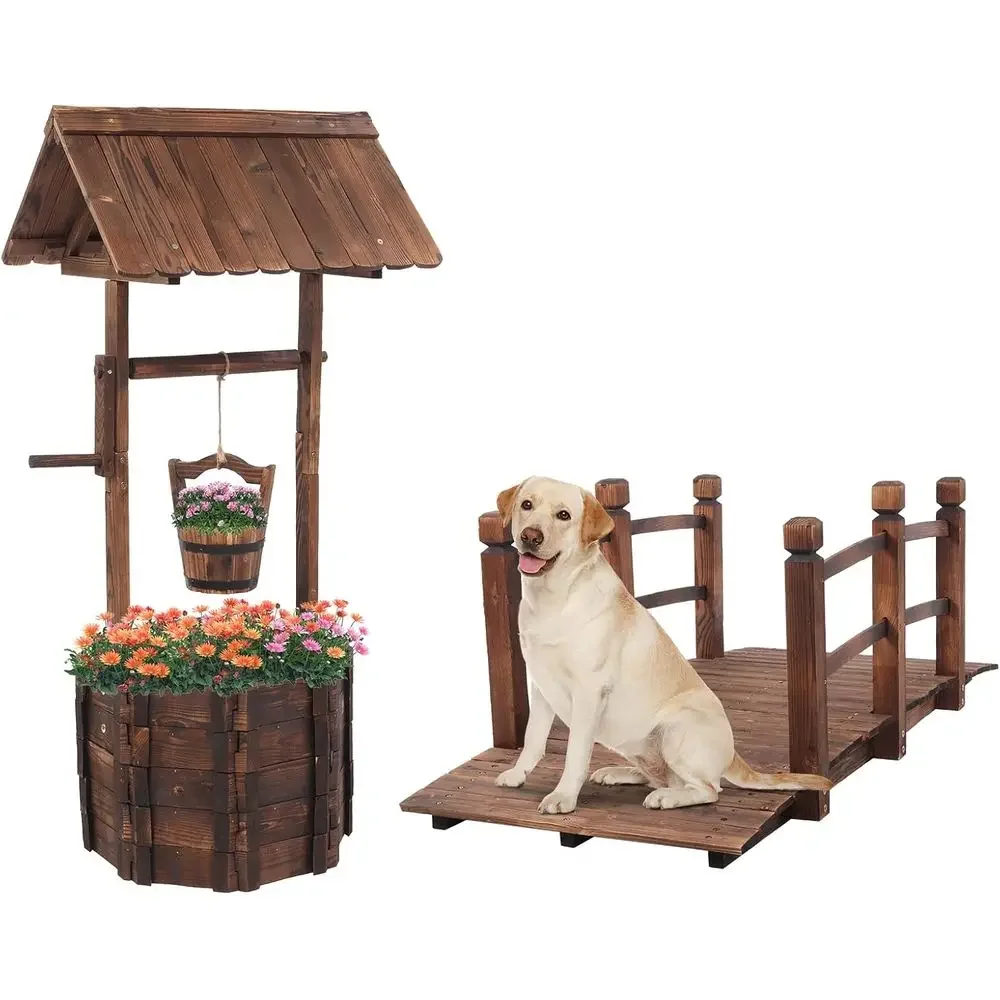 Rustic Garden Bridge and Wishing Well Set for Country-Themed Outdoor Weddings and Backyard Decor