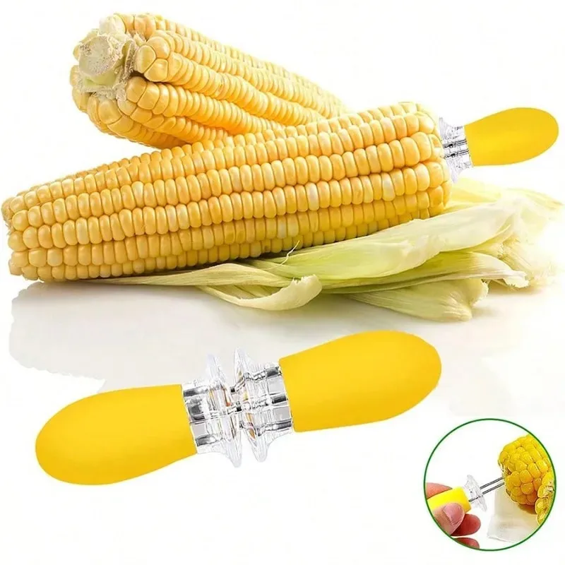 2pcs Random Color Stainless Steel Corn Forks Heat Resistant BBQ Twin Prong Sweetcorn Holders Corn Cob Tools